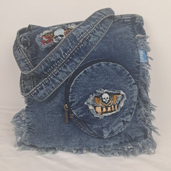 YAALI Denim Distressed Frayed Shoulder Tote Bag - Picture 2 of 16